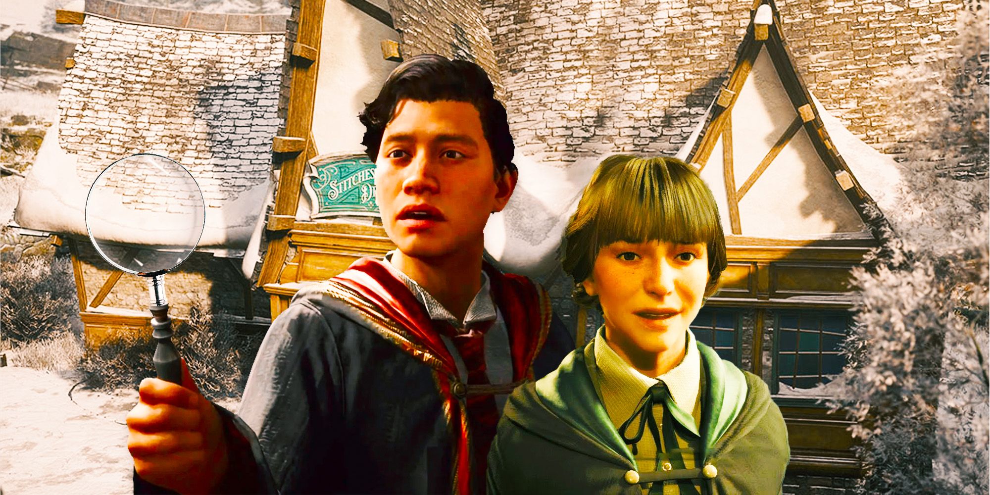 Characters from Hogwarts Legacy in front of a shop