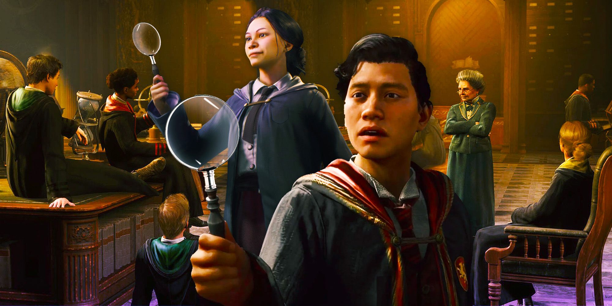 Characters from Hogwarts Legacy with magnifying glass and with some students