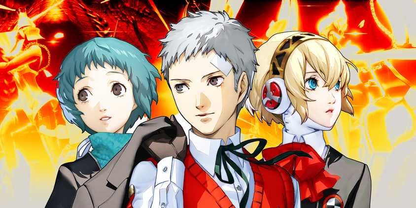 Characters from Persona 3 Reloaded with fire in the background.