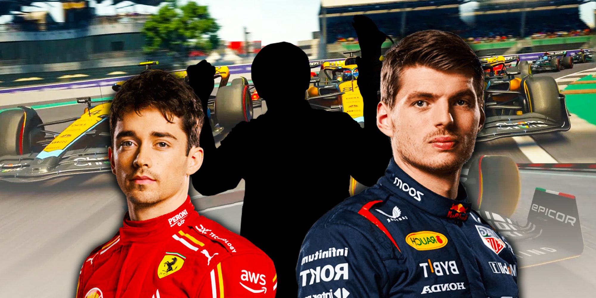Charles Leclerc, Max Verstappen e uma silhueta em branco de uma pessoa com carros de F1 em uma pista atrás.