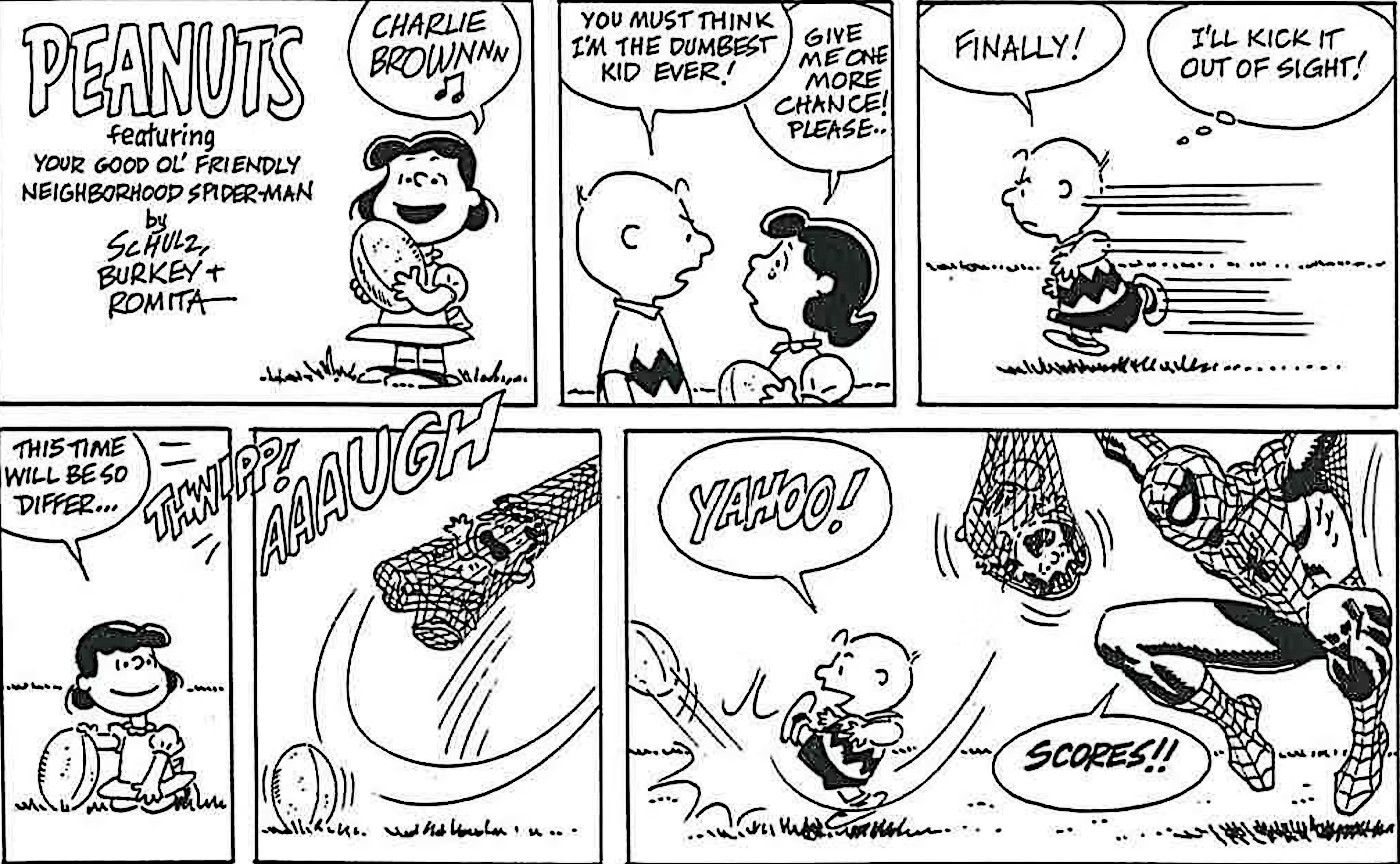 Charlie Brown Spider-Man crossover comic strip, Spidey helps Chuck kick the football