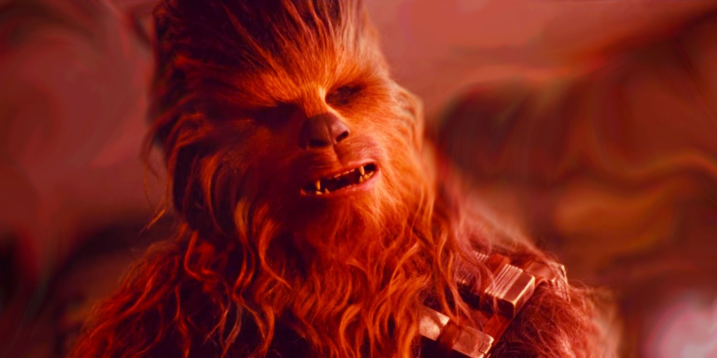 Chewbacca in Star Wars: The Rise of Skywalker looking angry in a vibrant red hue