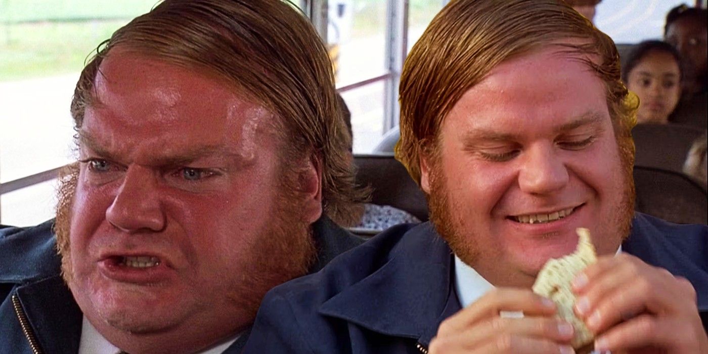 Blended image of Chris Farley as the angry bus driver in Billy Madison