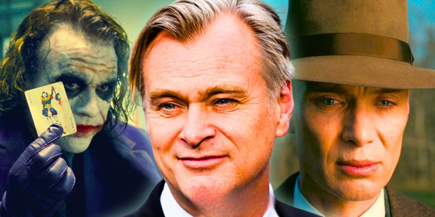 Director Christopher Nolan with Heath Ledger as The Joker in The Dark Knight and Cillian Murphy as Oppenheimer in Oppenheimer