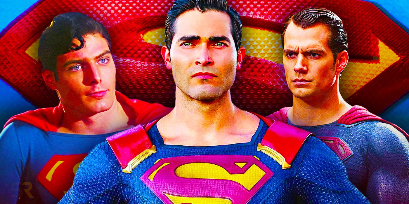 Christopher Reeve In Superman Costume, Tyler Hoechlin In Superman Costume and Henry Cavill in Superman Costume Against Backdrop of Superman's S Sigil