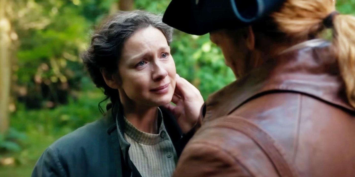 Claire looking lovingly into Jamie's eyes in Outlander