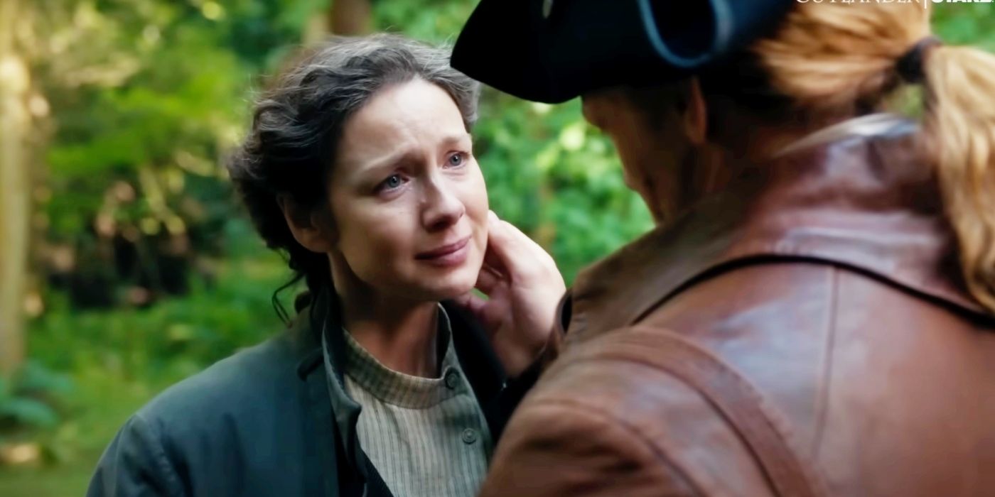 Claire looking lovingly into Jamie's eyes in Outlander