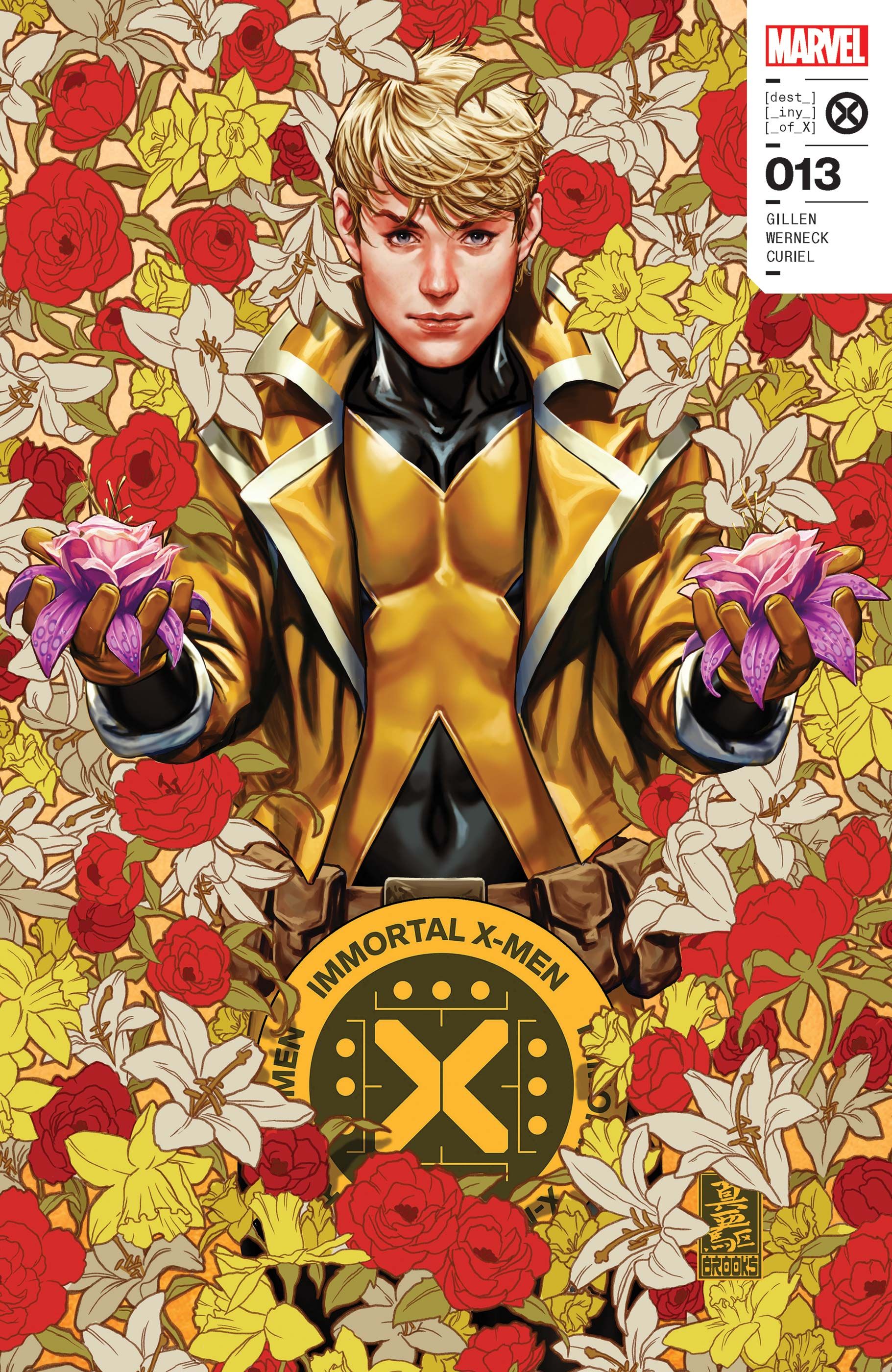 Capa de Mark Brooks para Immortal X-Men #13, com Doug Ramsey cercado por flores Krakoan