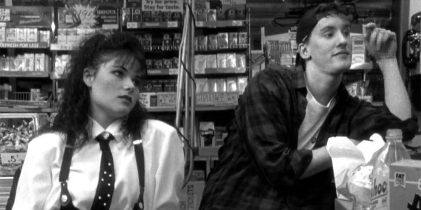 Caitlyn  and Randall standing at the counter in Clerks