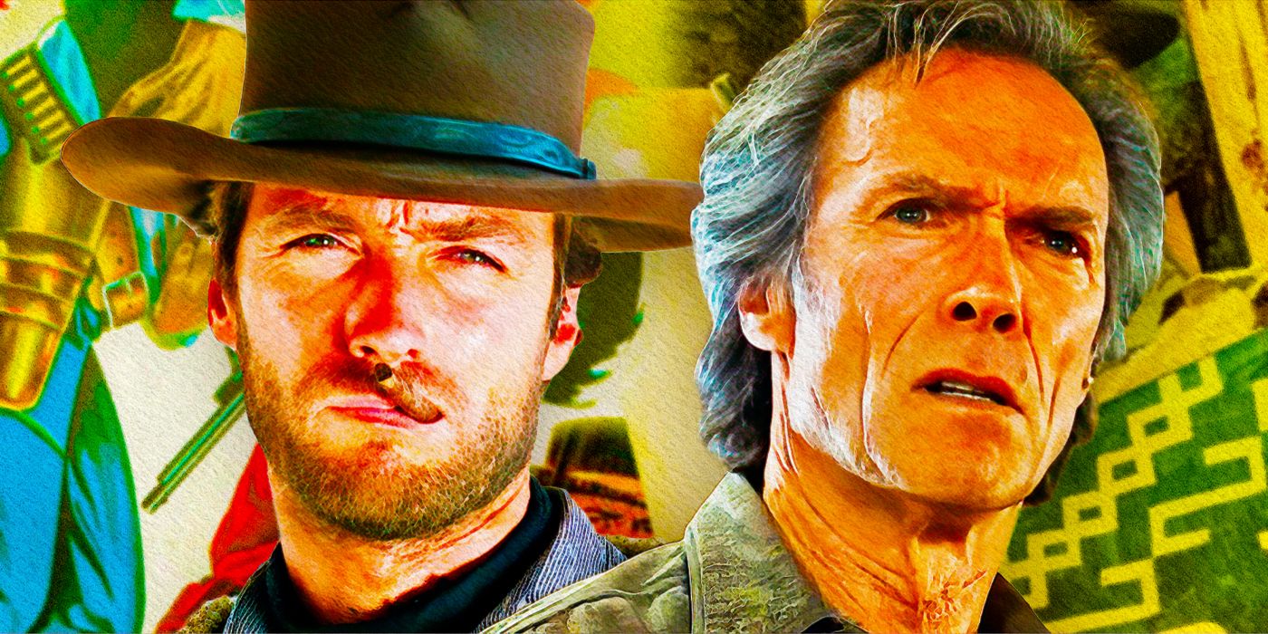 Side by side images of Clint Eastwood at different ages
