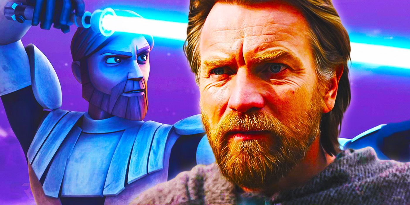 Ewan McGregor as the live-action Obi-Wan Kenobi, with the Clone Wars animation behind him