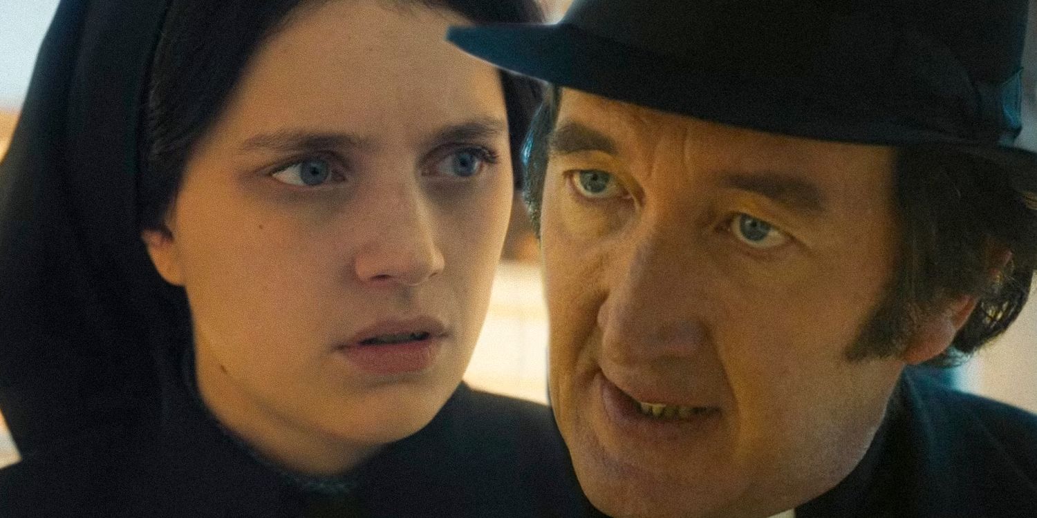 Close-up of Margaret next to a close-up of Father Brennan in The First Omen