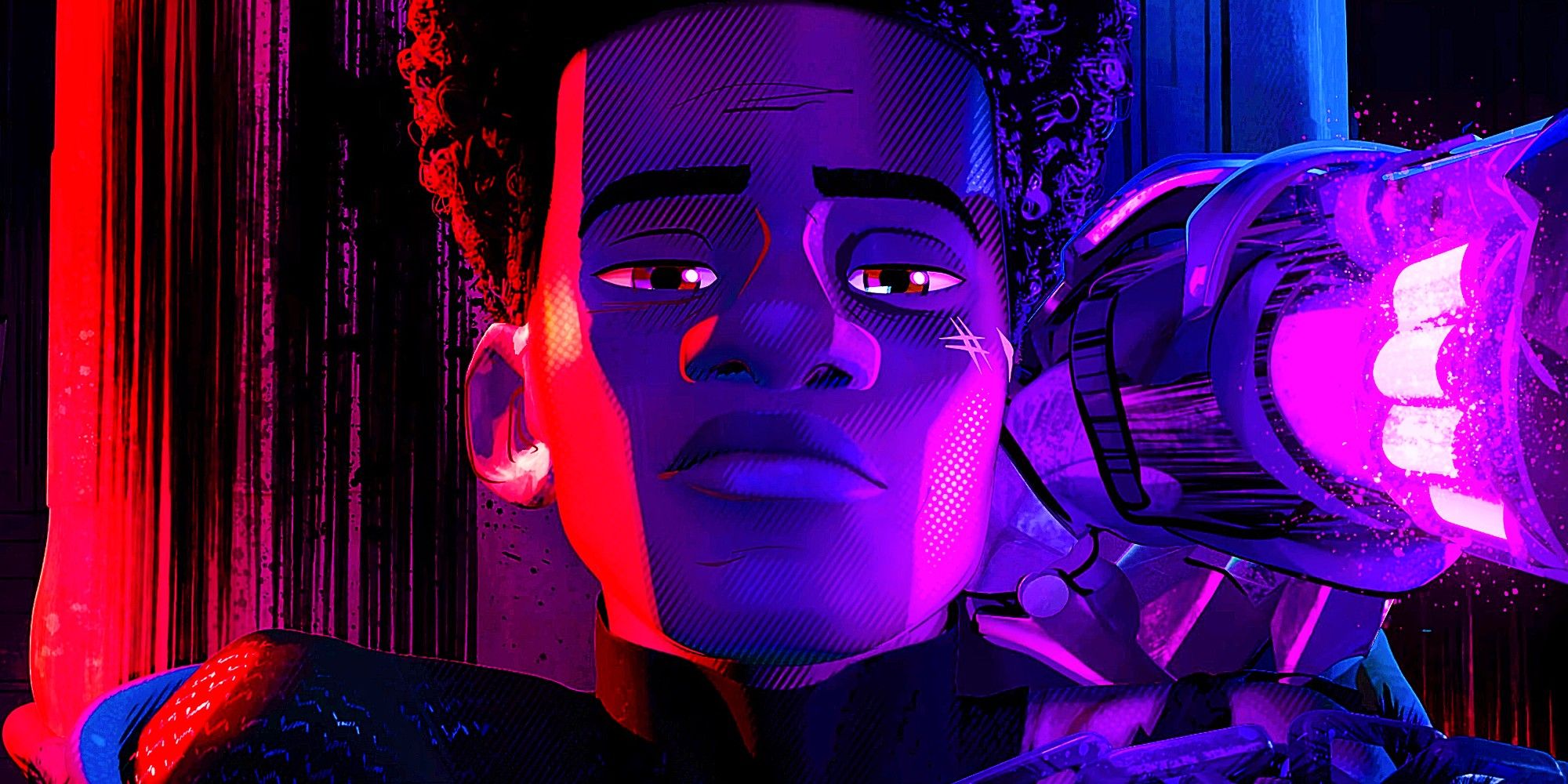 Close Up On Miles Morales Tied With Prowler's Fist Next To His Head In Spider-Man Across the Spider-Verse