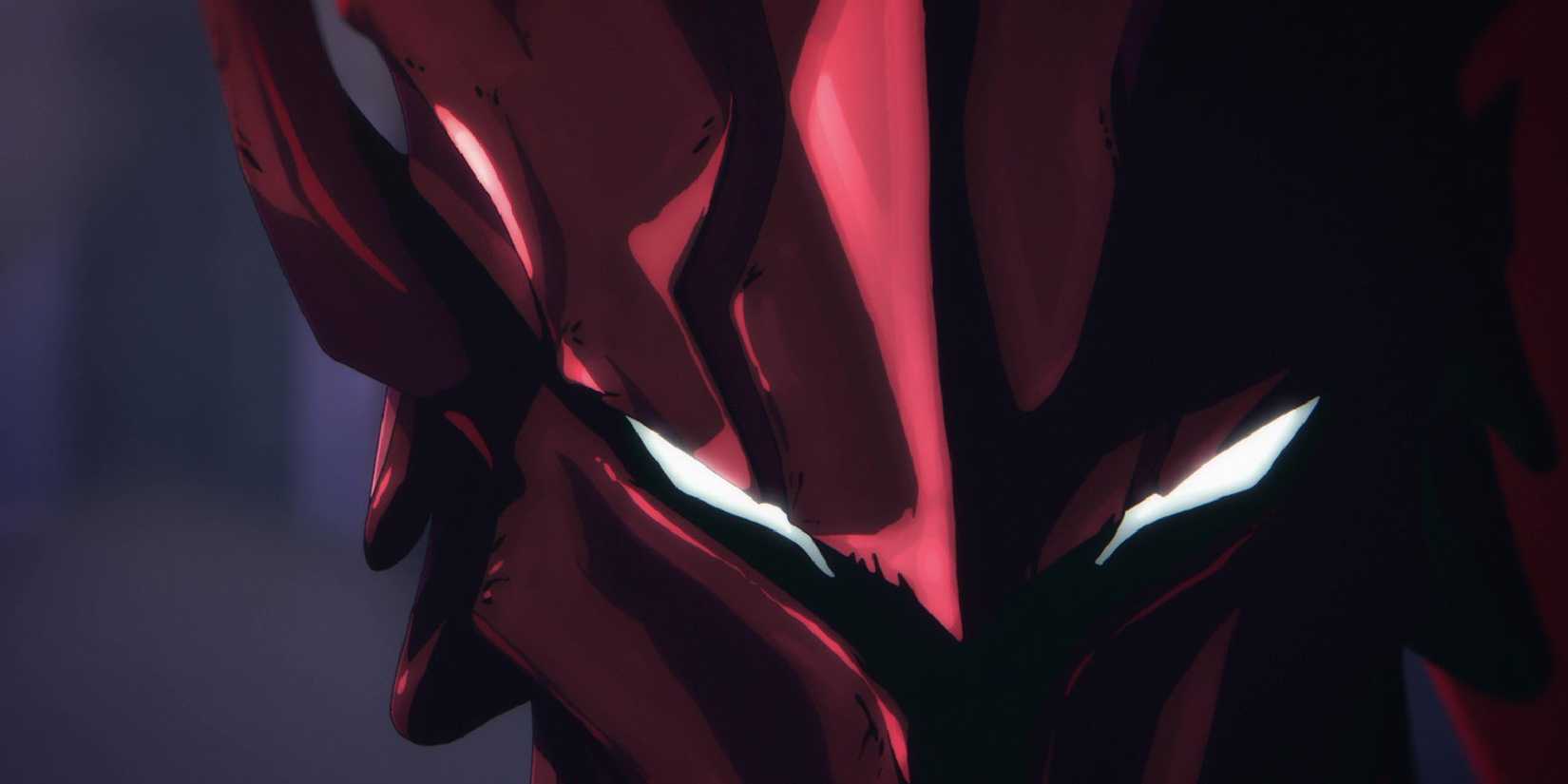 Close up potrait of Igris from Solo Leveling with menacing white eyes.