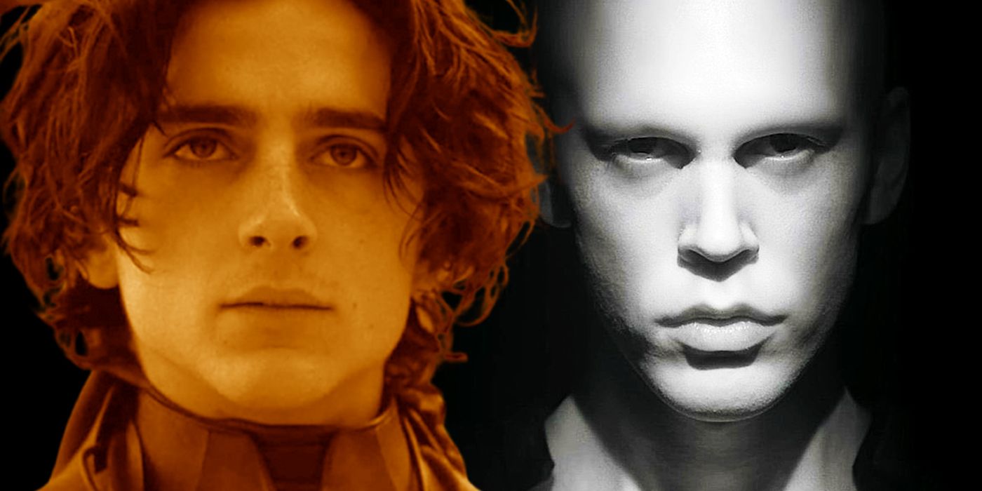 Timothee Chalamet as Paul Atreides in Dune and Austin Butler as Feyd-Rautha in Dune Part Two