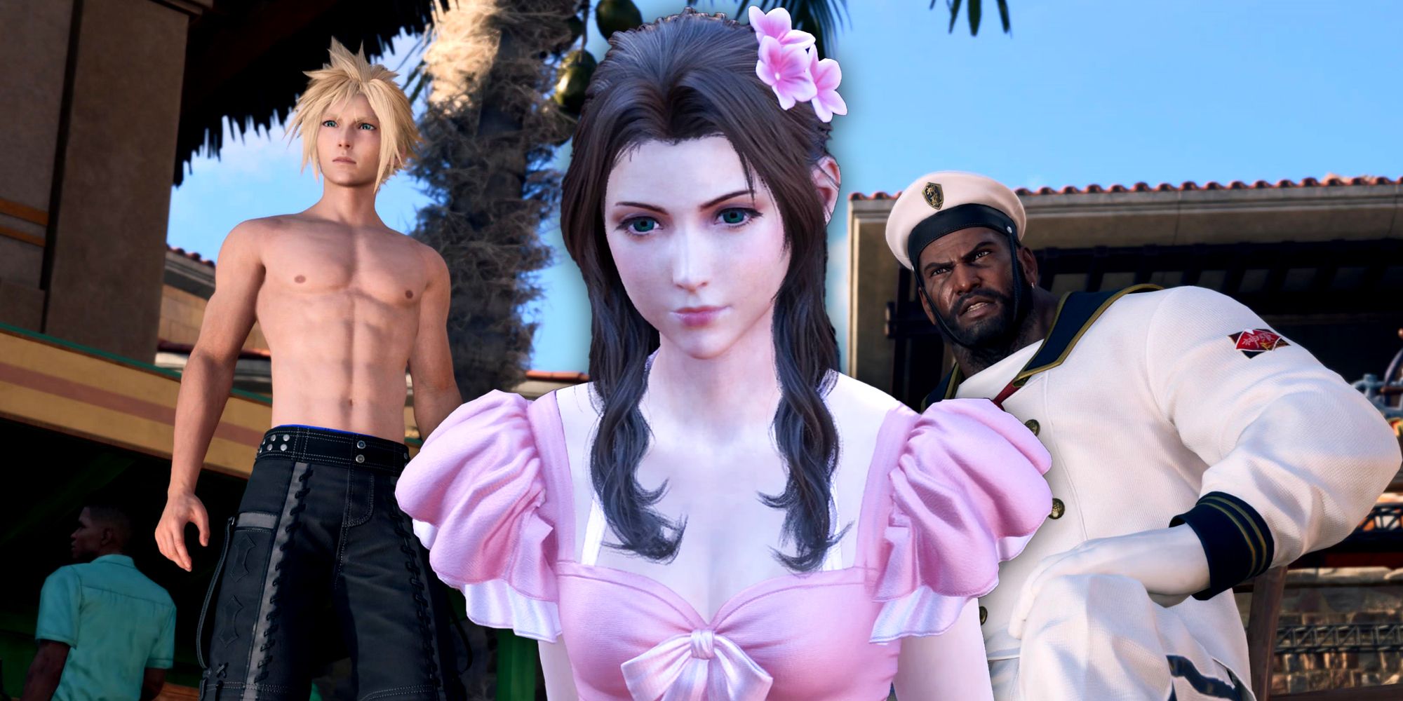 Aerith in a swimsuit in front of Cloud and Barrett in beachwear in FF7 Rebirth.