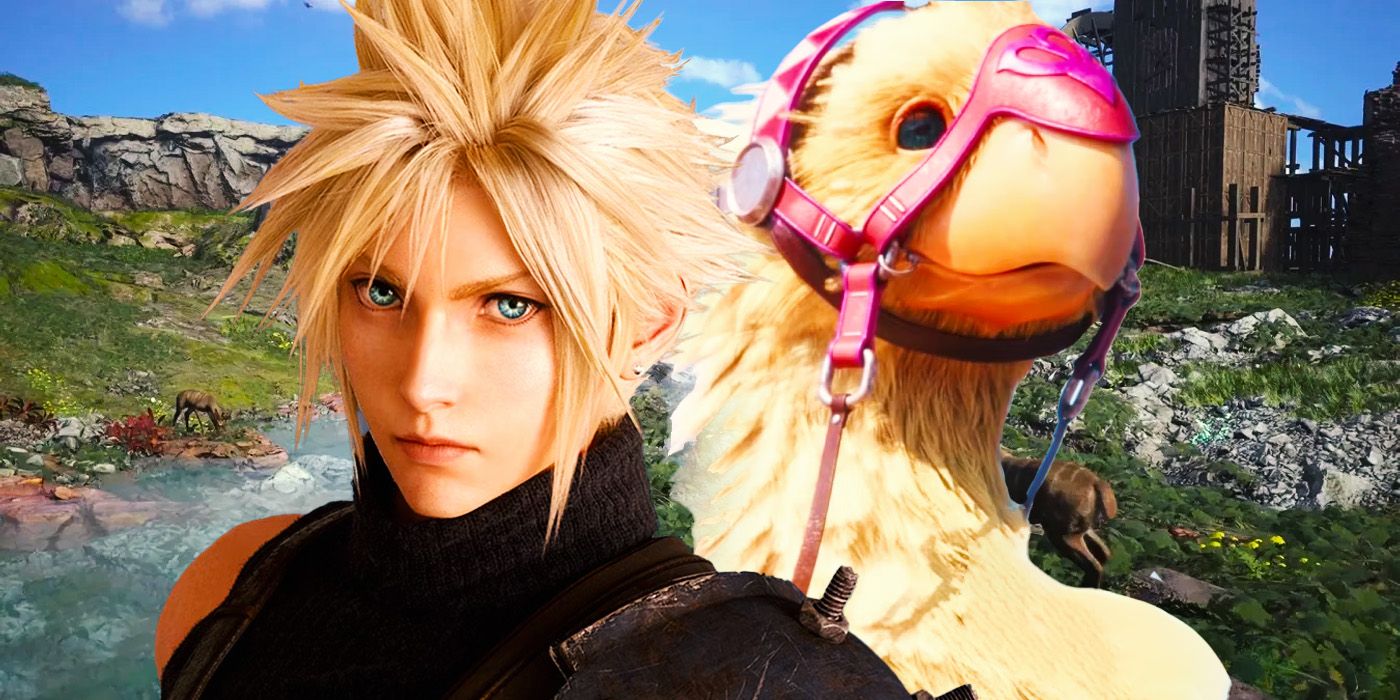 Cloud and a chocobo with the grasslands region in Final Fantasy VII Rebirth.