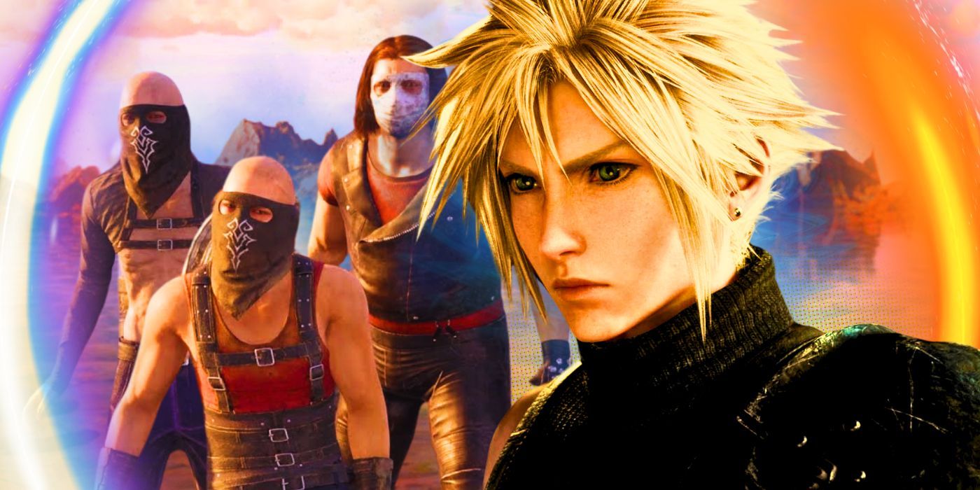 Cloud from Final Fantasy 7 Rebirth on a background of bandits.