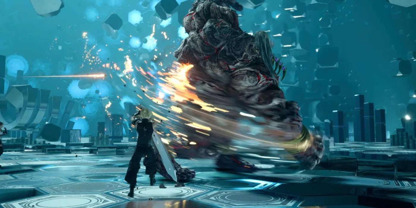 Cloud blocking an attack from the Titan in Final Fantasy 7 Rebirth