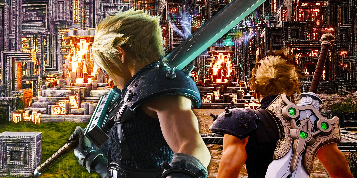 Cloud looking at a Divine Intel from FF7 Rebirth