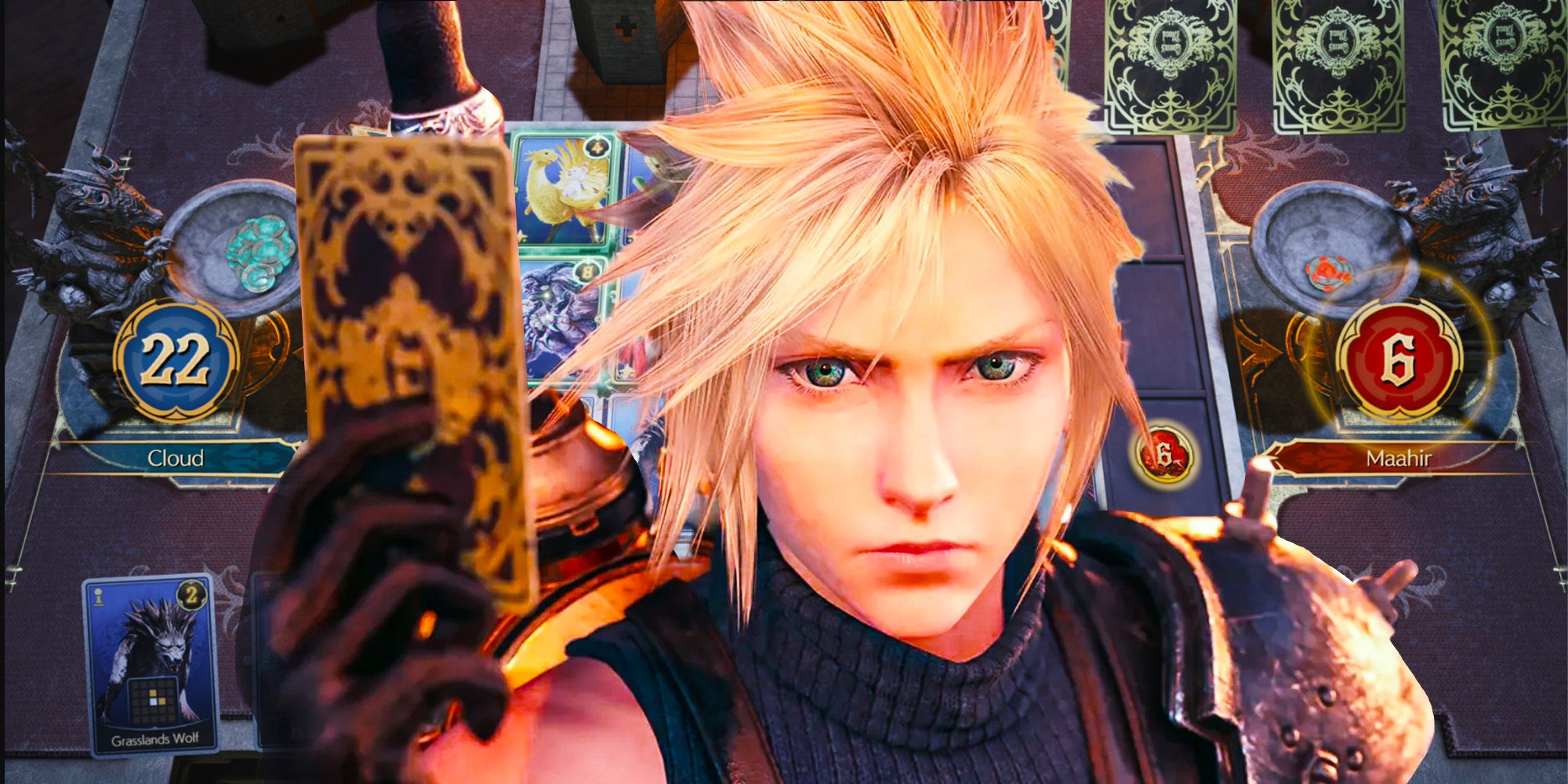 Cloud playing the Queen's blood card game in Final Fantasy 7 Rebirth