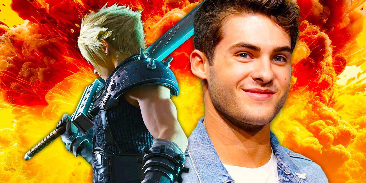 Cody Christian on the right next to Cloud Strife in FF7 and a fiery, explosive background behind them.