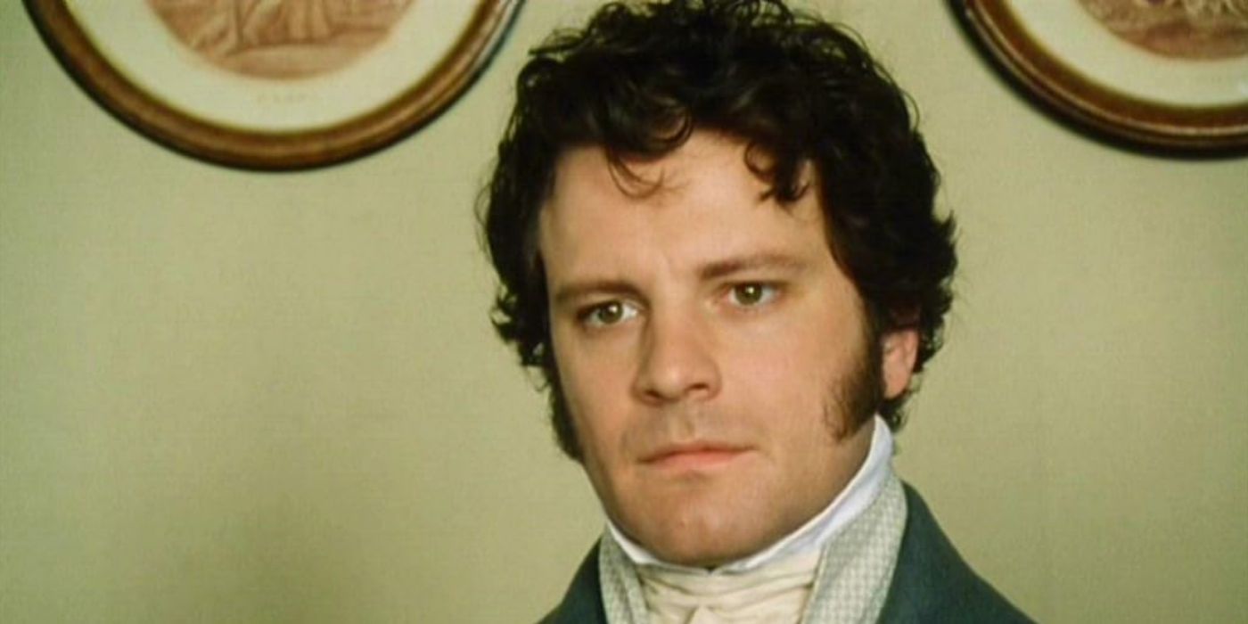 Colin Firth como Sr. Darcy parece sério em Orgulho e Preconceito