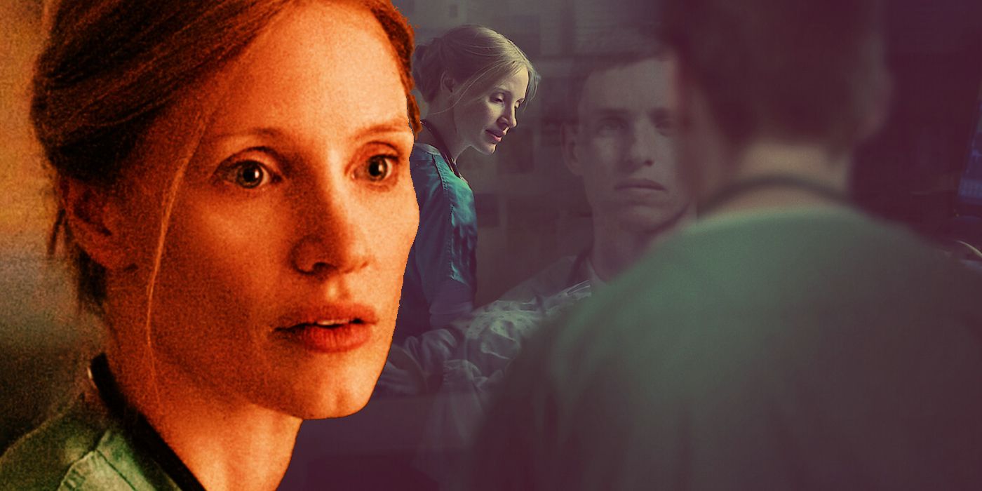 Collage of Amy (Jessica Chastain) and Charlie (Eddie Redmayne) in The Good Nurse.
