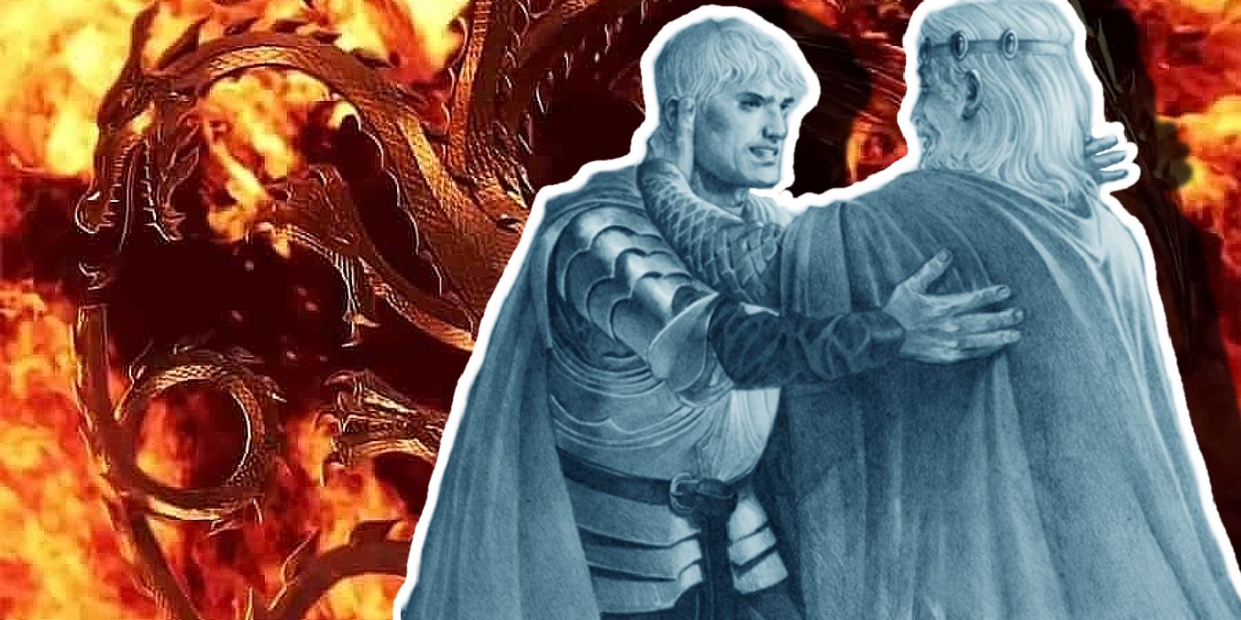 Collage of Baelon embracing Jaehaerys from the novel Fire and Blood in front of a Targaryen background.