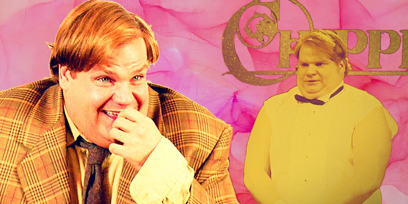 Collage of Chris Farley, including in the Chippendales Audition SNL sketch 