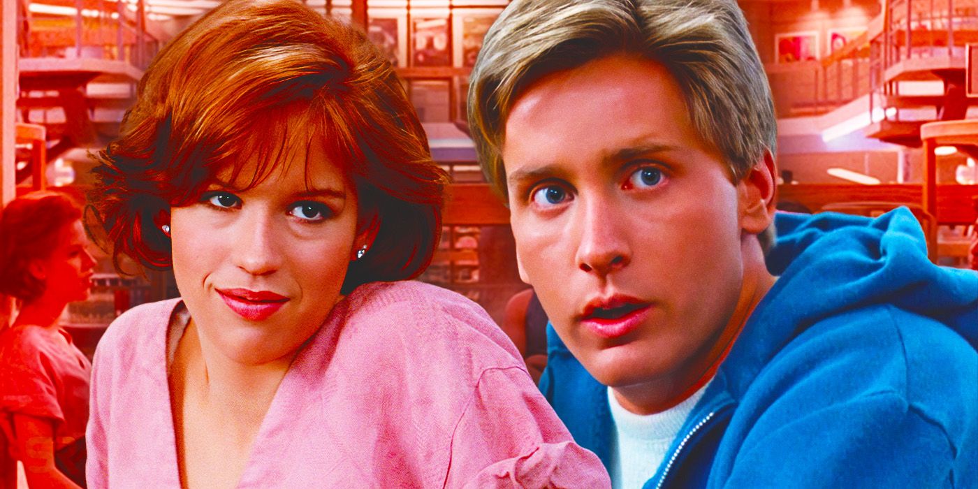 Collage of Claire (Molly Ringwald) and Andrew (Emilio Estevez) overtop of scene in The Breakfast Club
