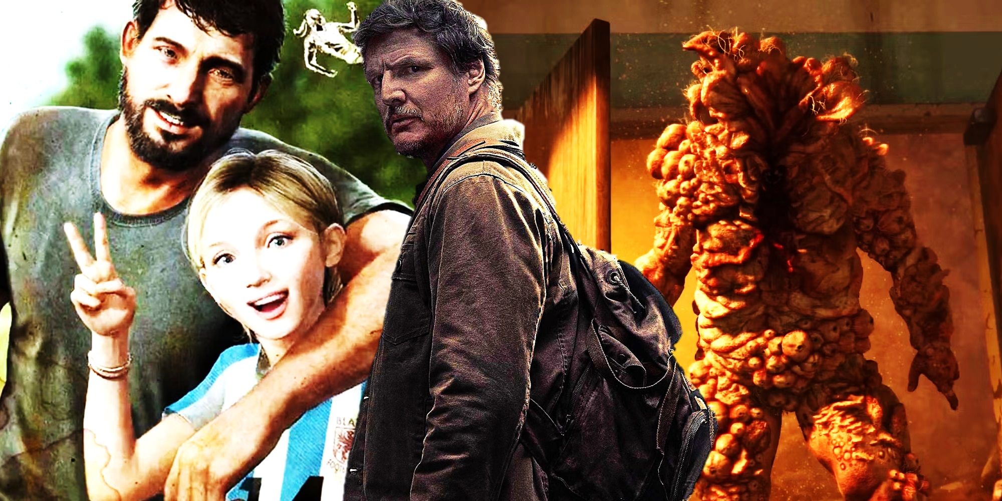 Collage of Joel and Sarah in The Last of Us game, Pedro Pascal in the TV show, and a bloater in the game