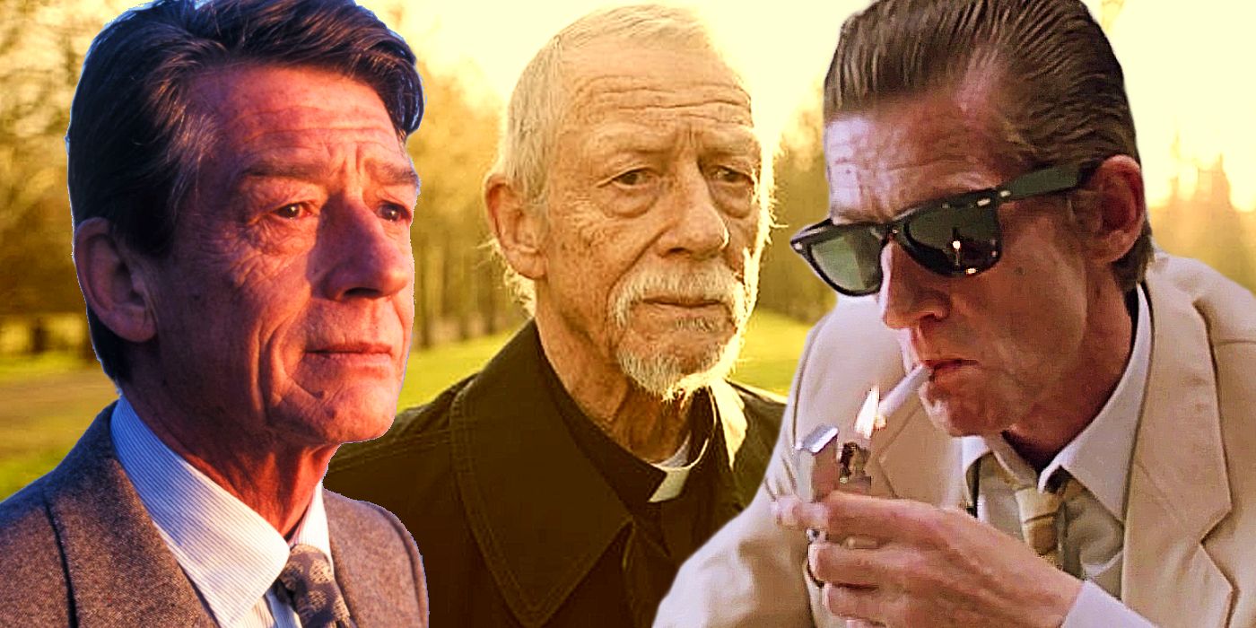 Collage of John Hurt in Love and Death on Long Island, Jackie, and The Hit.