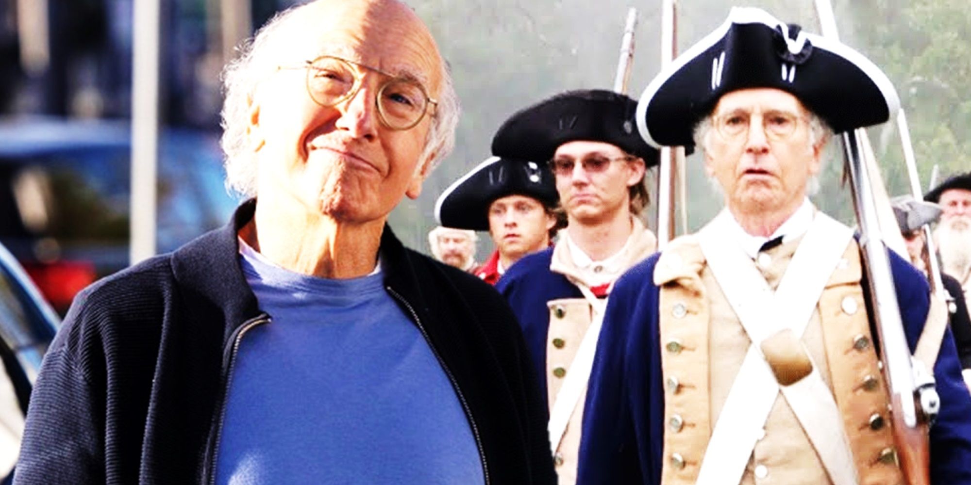 Collage of Larry David in a parking lot and at a Revolutionary War reenactment in Curb Your Enthusiasm