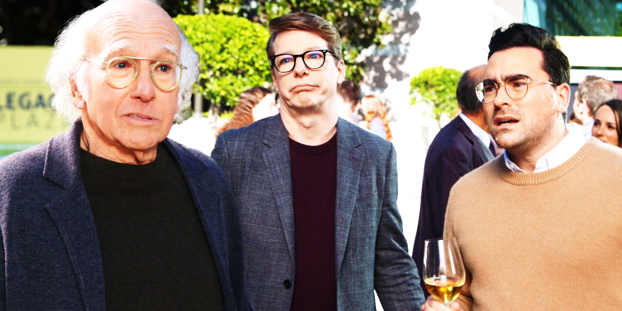 Collage of Larry David, Sean Hayes, and Dan Levy in Curb Your Enthusiasm