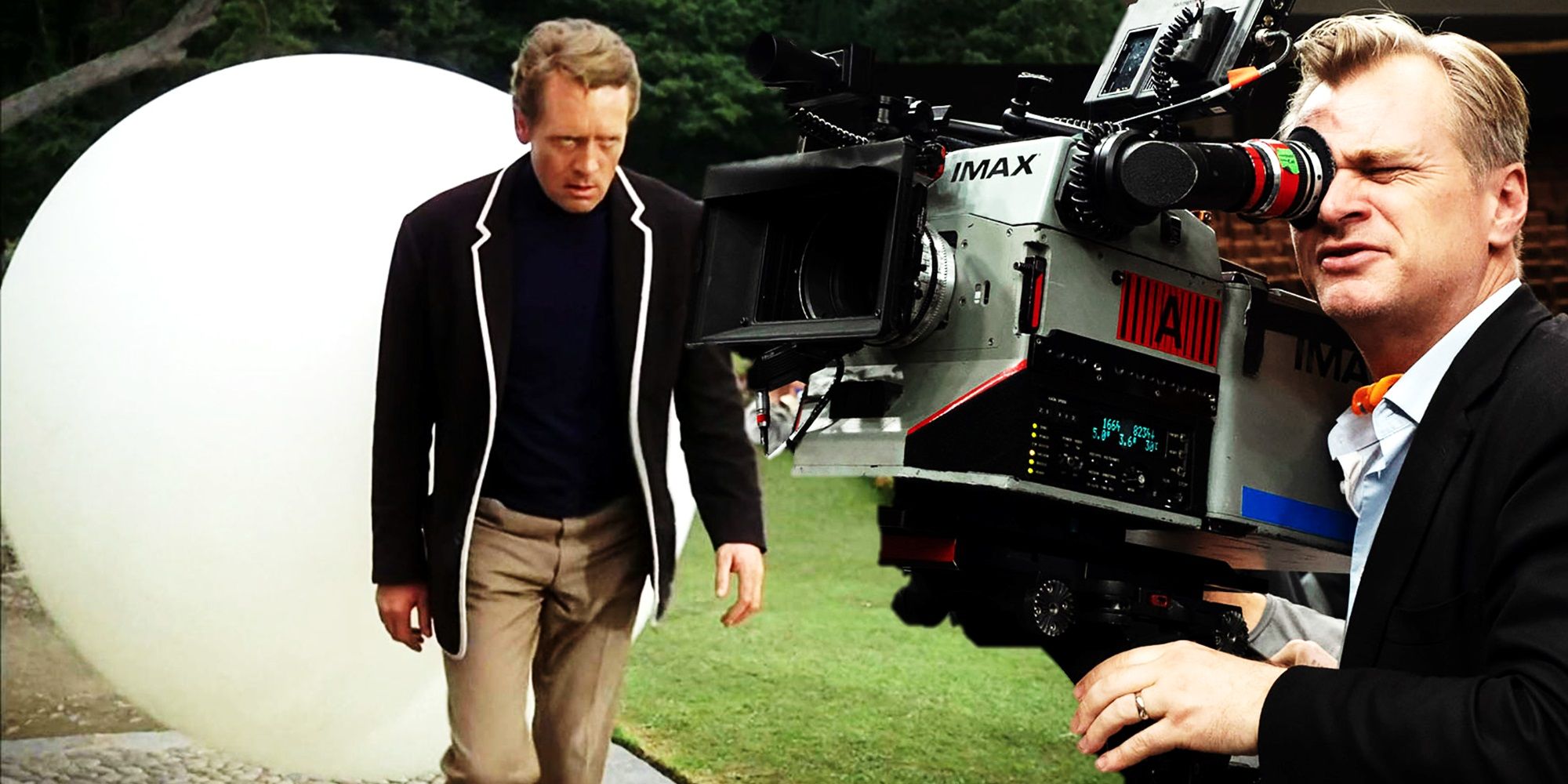 Collage of Number Six in The Prisoner and Christopher Nolan with an IMAX camera