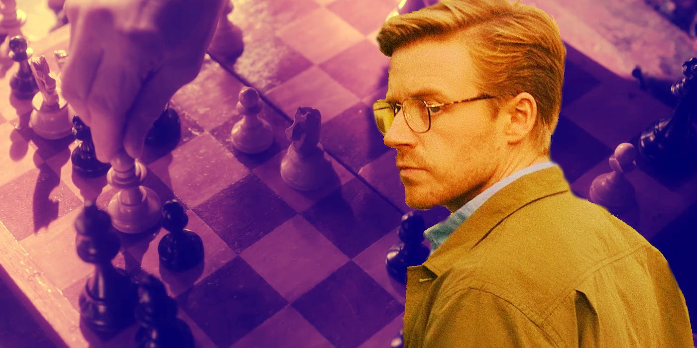 Collage of River (Jack Lowden) and a chess board from Slow Horses season 2 episode 5.