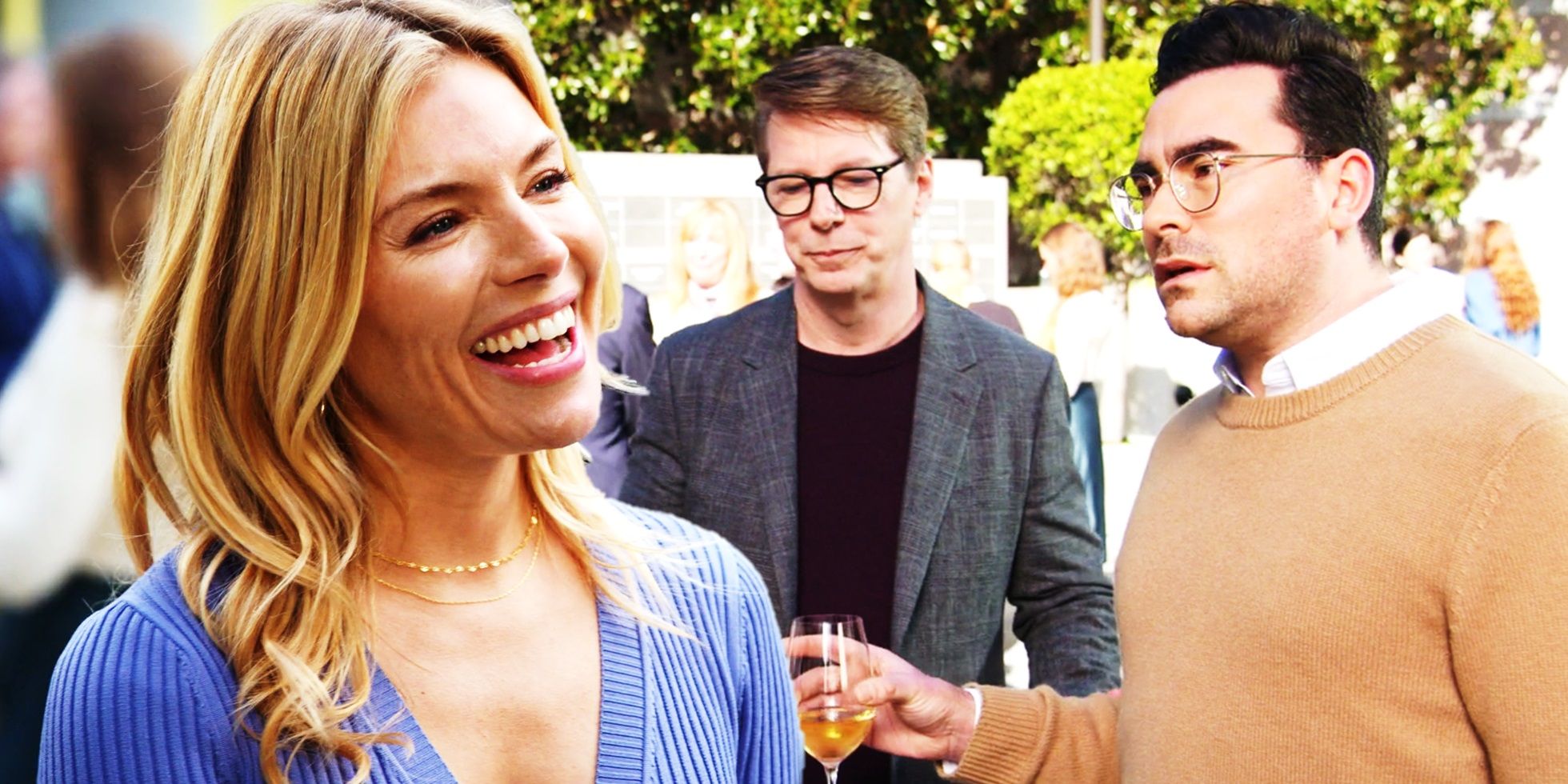 Collage of Sienna Miller, Sean Hayes, and Dan Levy in Curb Your Enthusiasm