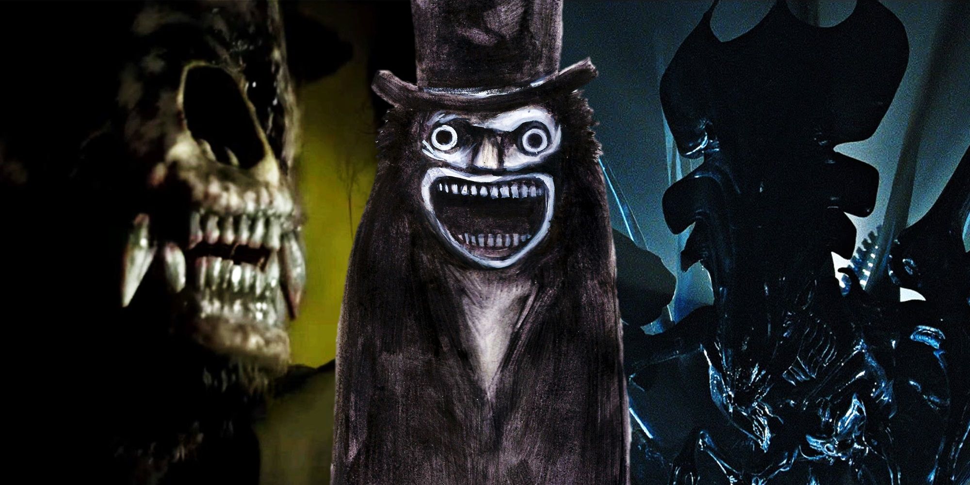 Collage of the bear in Annihilation, the creature in The Babadook, and the Queen in Aliens