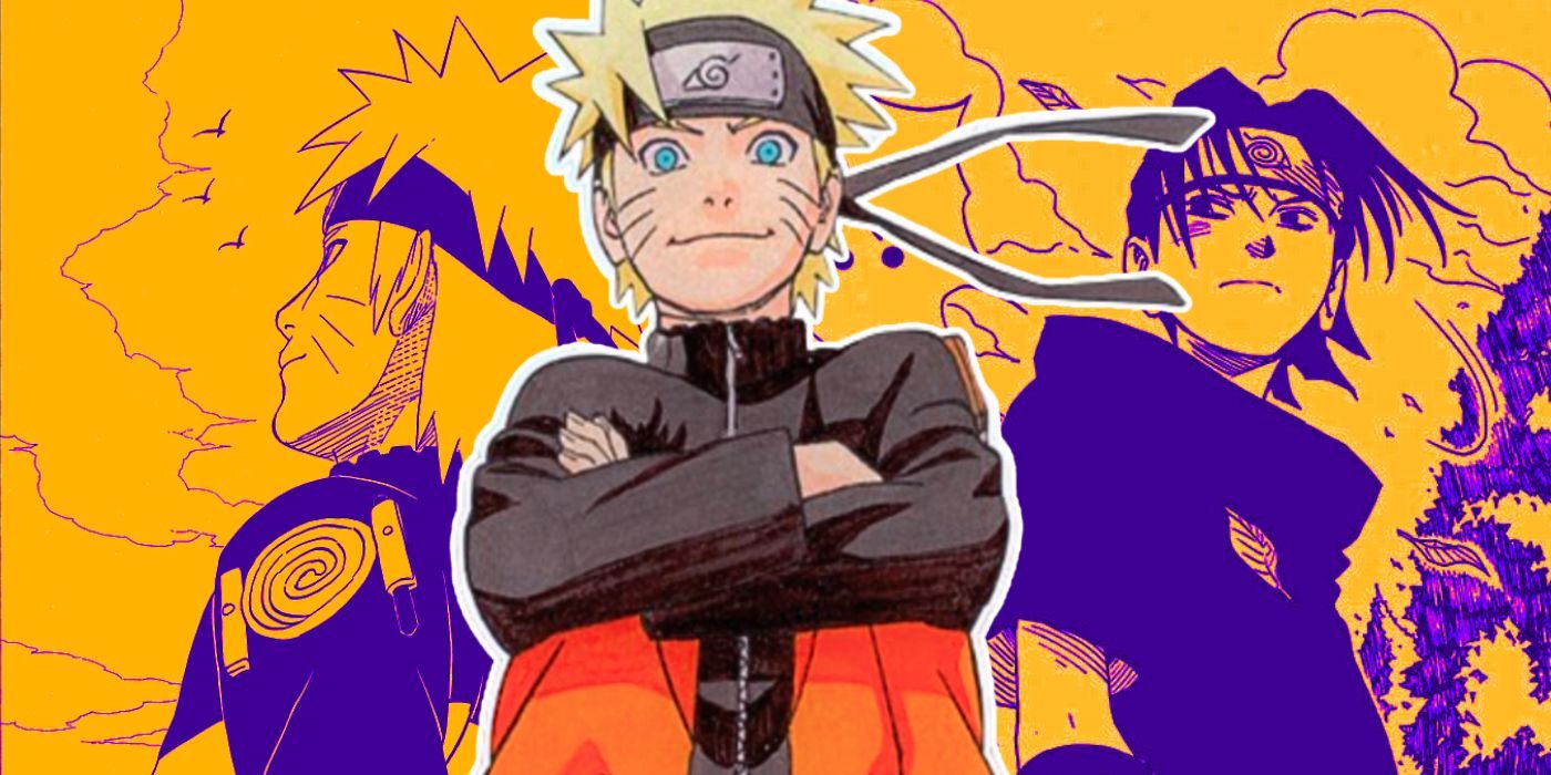 Collage style image featuring official artwork from the Naruto manga series with panels of Sasuke and Naruto, with a full color illustration of Naruto Uzumaki in the center.