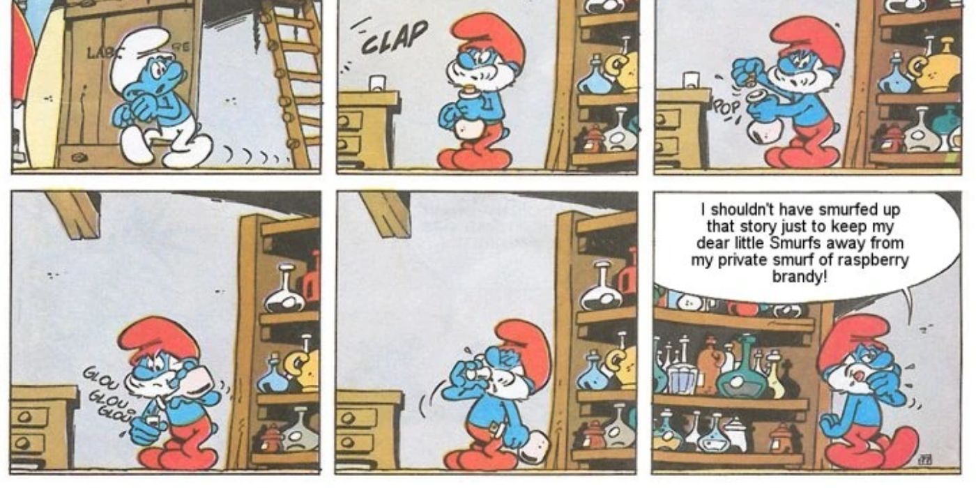 História em quadrinhos do Papai Smurf escondendo álcool dos outros Smurfs.