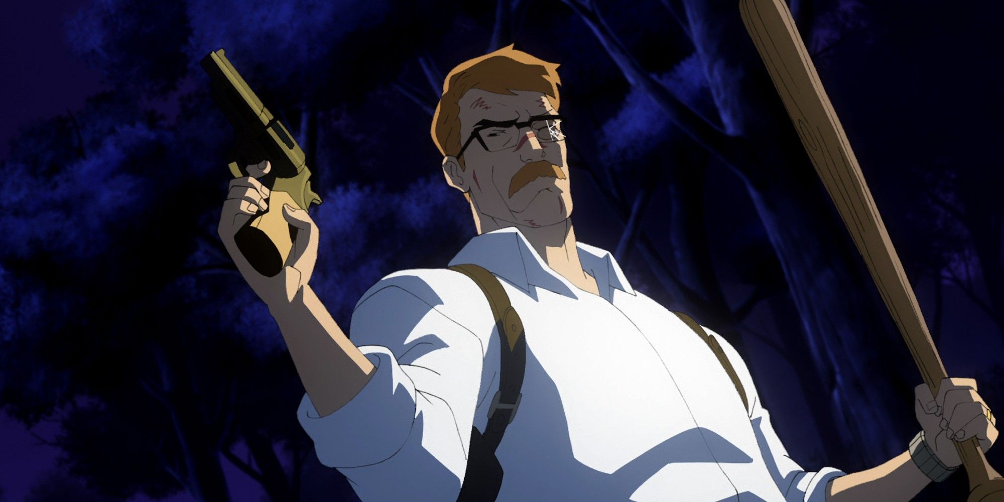 Comissioner Gordon holding a bat and a gun in Batman Year One