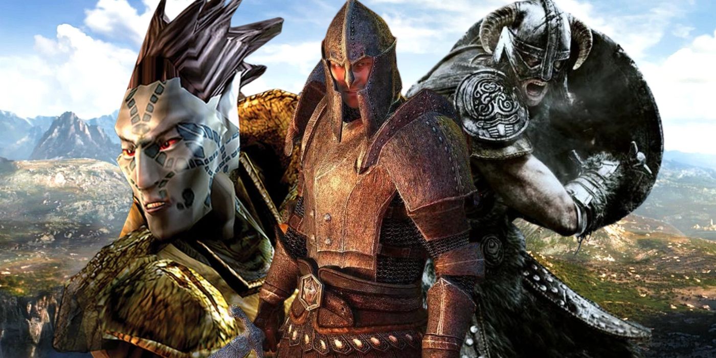 Title characters from Morrowind, Oblivion, and Skyrim on the background of TES6.