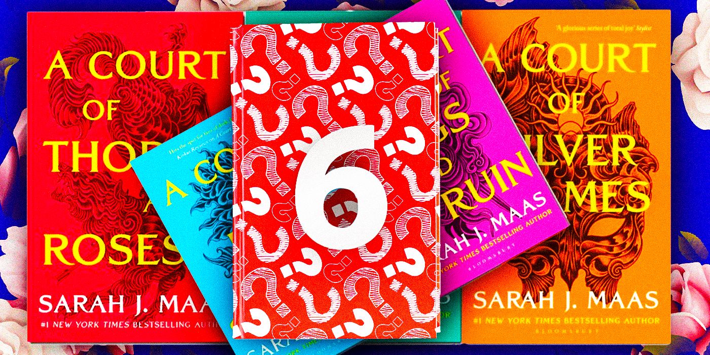 Sarah J. Maas' Court of Thorns & Roses books with a red book covered in question marks and a 6 on it