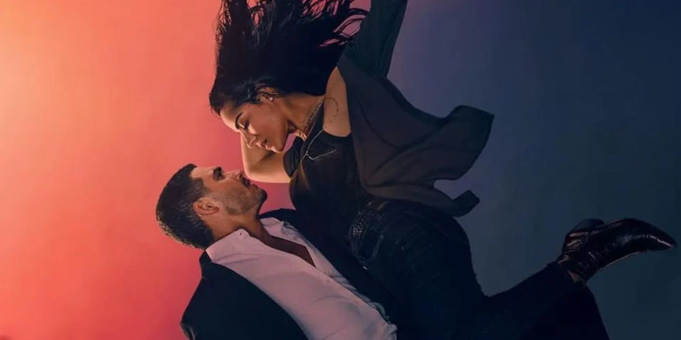 Arte da capa da 2ª temporada de Dark Desire com Darío (Alejandro Speitzer) e Alma (Maite Perroni) caindo do céu.