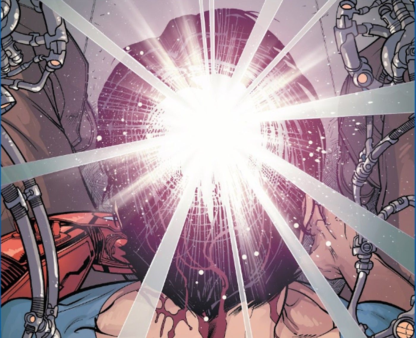 غطاء لـ Ultimates #27، جوهرة إنفينيتي في رأس توني ستارك تلقي ضوءًا ساطعًا