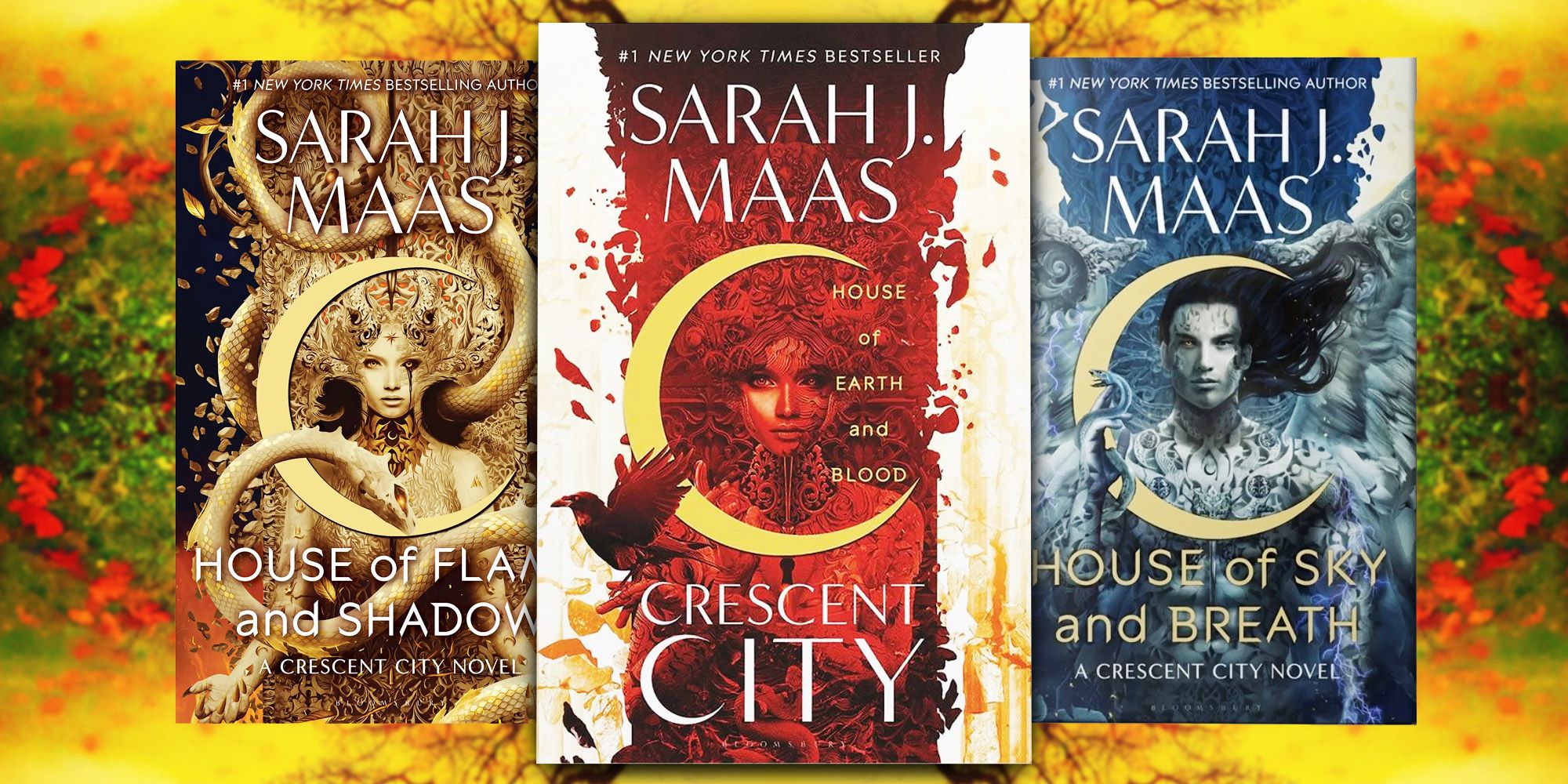 As capas dos três livros de Crescent City contra um fundo vermelho, verde e amarelo
