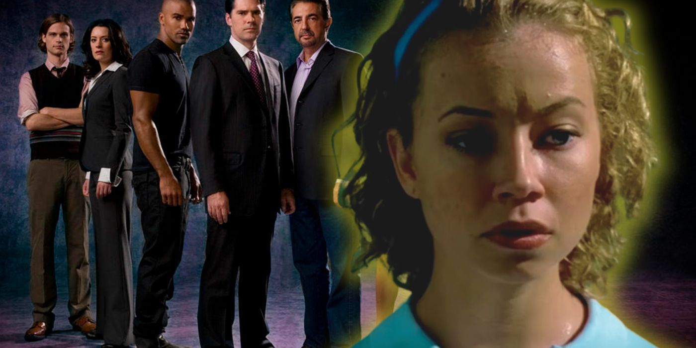 A blended image features a closeup of Tracy Lambert over the main Criminal Minds cast