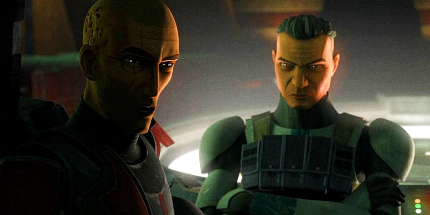 Crosshair looks worried while Howzer looks at him angrily in Star Wars: The Bad Batch season 3, episode 6 "Infiltration."
