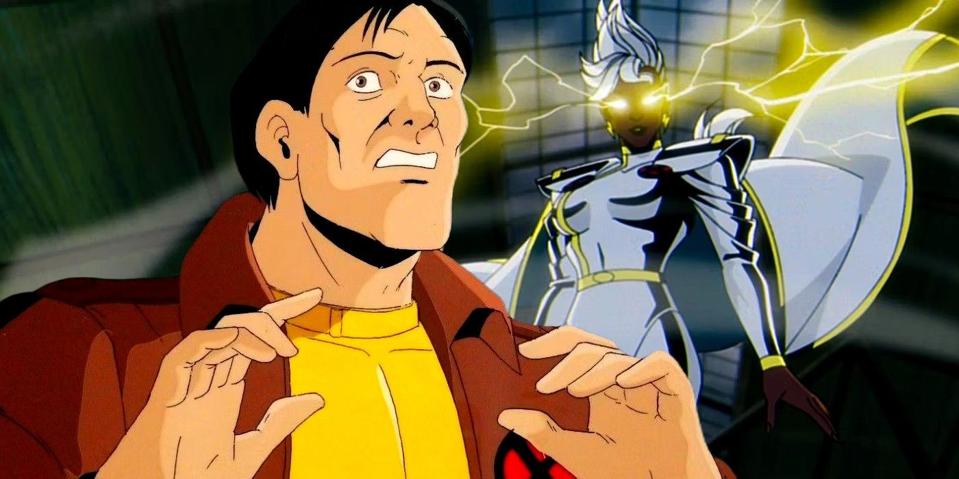 custom image of morph from X-Men the animated series looking scared in front of storm using her powers in X-Men 97